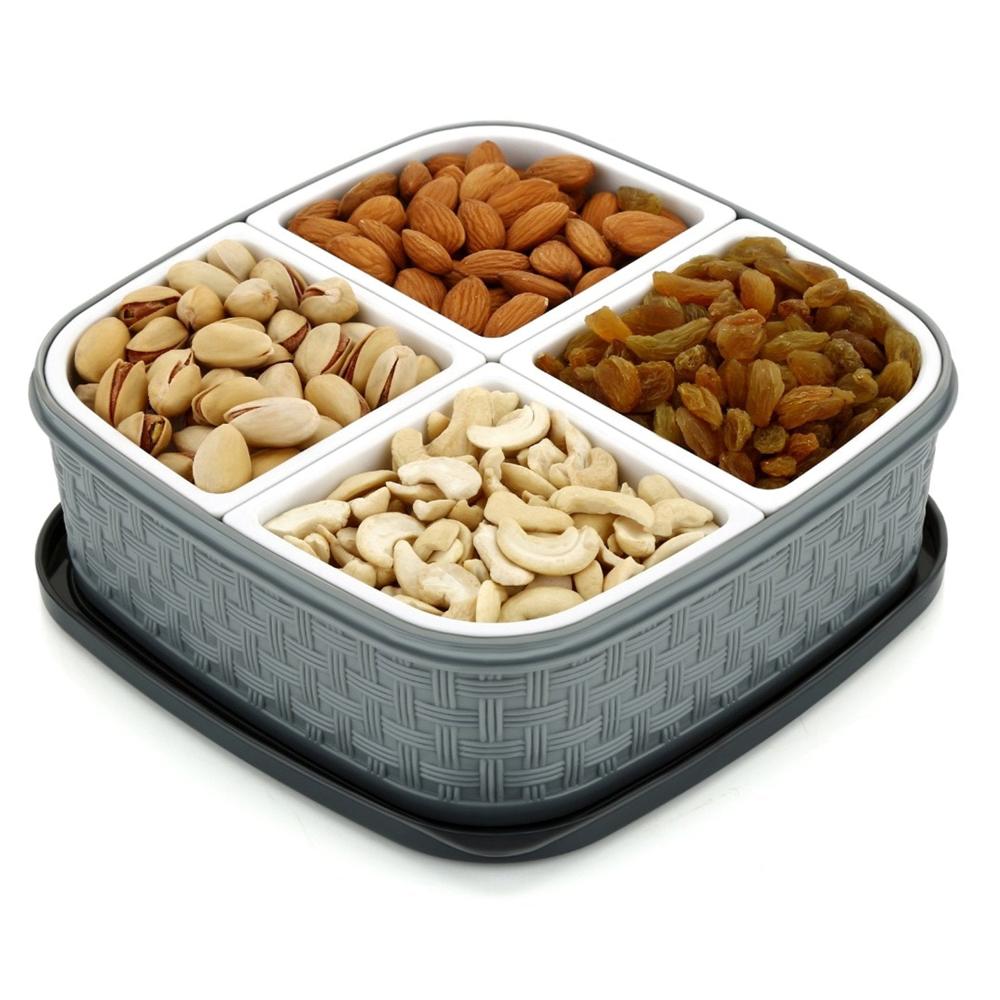 Dry Fruit Chocolates Sweet Box - Food Grade Plastic, Medium 8x8x3 Inches, Grey Beige, Dishwasher Safe, 4 Compartments