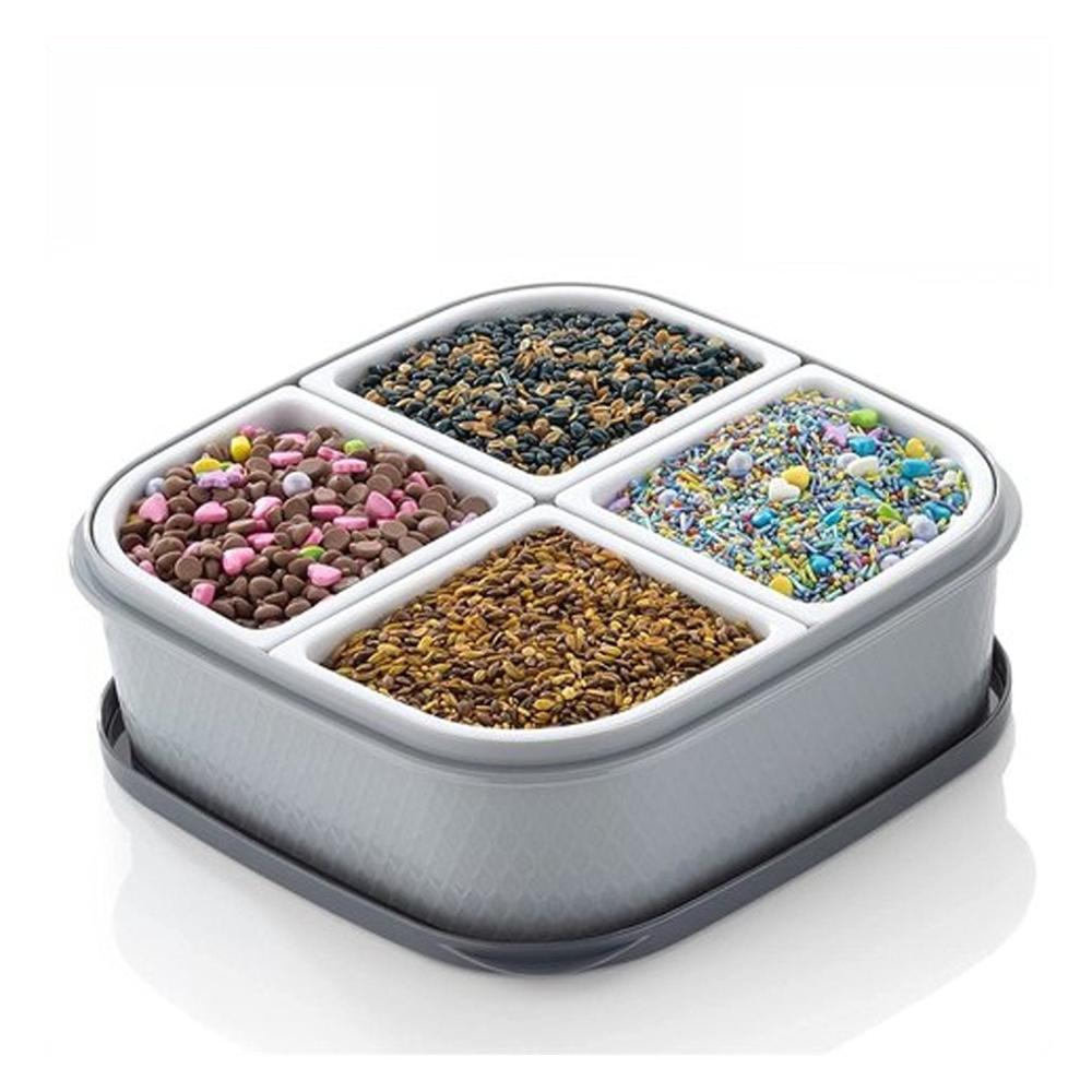 Dry Fruit Chocolates Sweet Box - Food Grade Plastic, Medium 8x8x3 Inches, Grey Beige, Dishwasher Safe, 4 Compartments