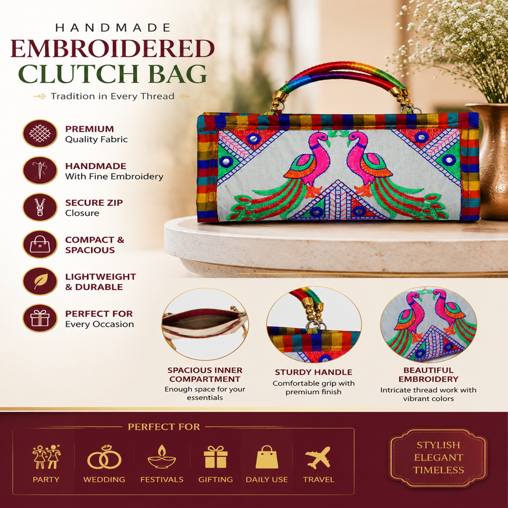 Designer Peacock Embroidery Clutch Bag