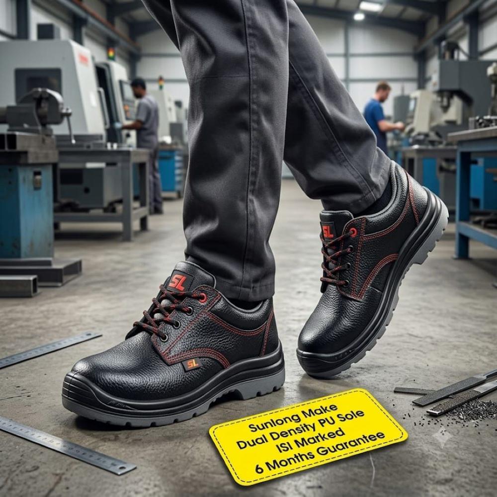 Sunlong Single Density Safety Shoes - Leather Upper, Steel Toe, Size 6 To 11, Black | Pu Outsole, Lace Style, 6 Month Warranty