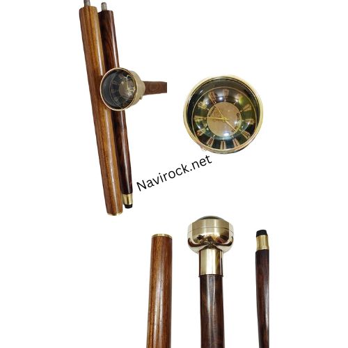 Shiny Brass Clock Handle Wood Walking Stick Cane
