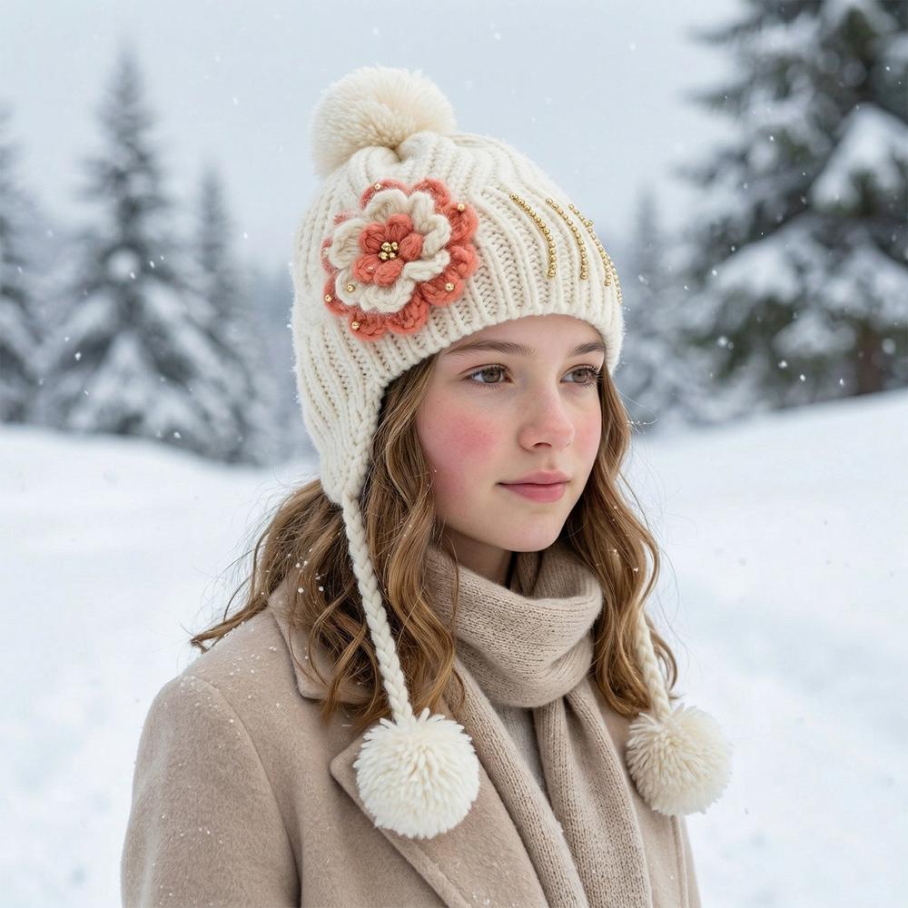 Cute Kids Winter Woolen Ear Flap Cap with Pom Pom (1 Pc, Mix Design)