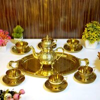 Brass Tea Set - Standard 6-cup Set, Polished Golden Brass | Traditional Engraved Floral Design, Corrosion-resistant, Detachable Lid