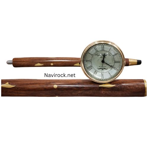 Vintage Folding Walking Stick Cane with Brass Clock On Top