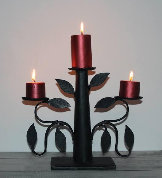 Iron Candle Stand - Wrought Iron, 12x14 inches, Matte Black Powder-Coated, Tri-Arm Design with Leaf Accents