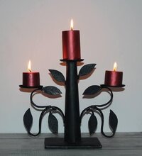 Iron Candle Stand - Wrought Iron, 12x14 Inches, Matte Black Powder-coated, Tri-arm Design With Leaf Accents