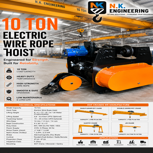 10 Ton Electric Wire Rope Hoist - Steel Frame, Single Girder, Yellow Enclosure | Electric Motorized, Remote/Pendant Operation, Grooved Steel Wheels