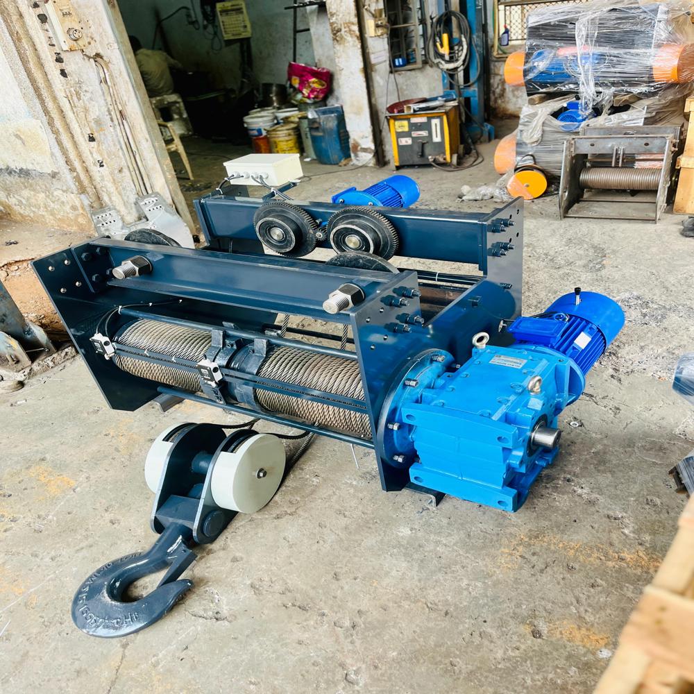 15 Ton Heavy Duty Electric Wire Rope Hoist - Steel Frame, Blue & Black, Double Girder, Remote Control, Overload Protection