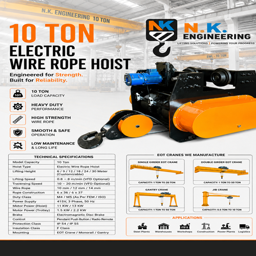 10 Ton Electric Wire Rope Hoist - Heavy-Duty Steel, IP54 Protection | Integrated Trolley, Limit Switch, Emergency Stop, Powder Coated