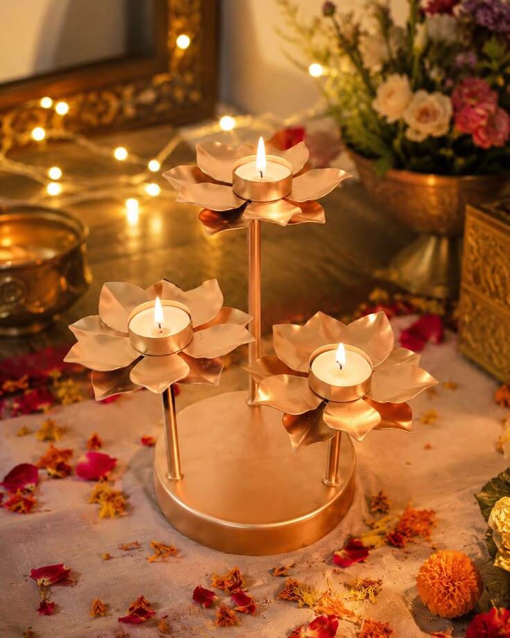 Lotus Flower Candle Stand - Handcrafted Iron/Brass Metal, 4-5 Inch, Golden Copper Finish, Double-Layer Petal Design, Tealight Holder