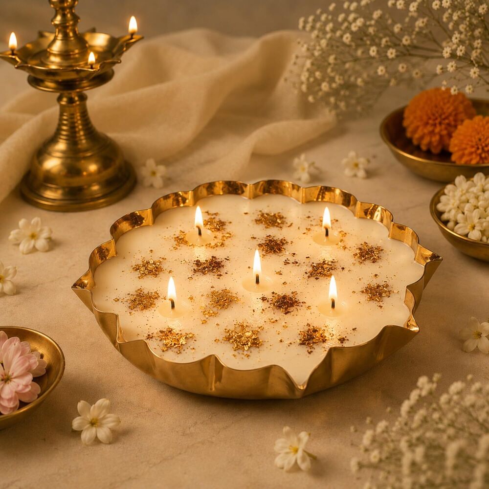 Lotus Candle Urli Set - Color: Golden