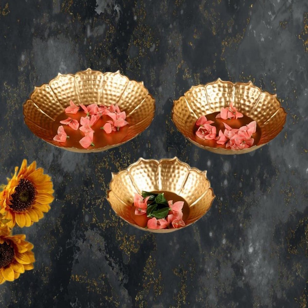 Iron Metal Flower Urli - Iron Metal, Medium 8-12 Inches, Gold Finish | Handcrafted, Textured Floral Pattern, Rust Resistant, Set of 3