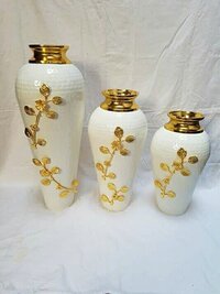 Metal Flower Vase - Color: White With Golden Design