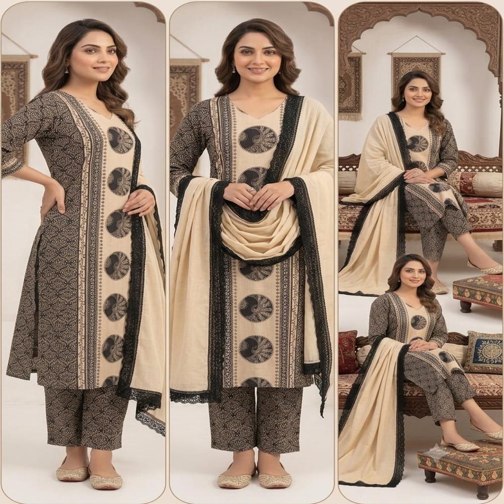 Cotton Cambric Kurta Palazzo Dupatta Set
