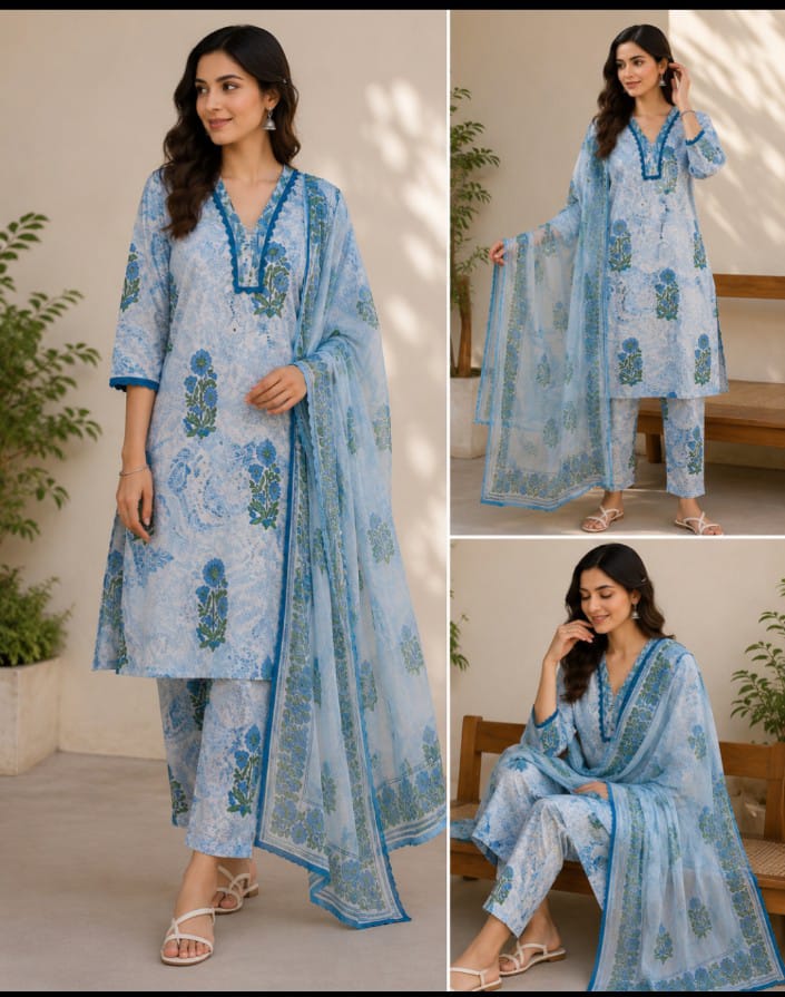Cotton Cambric Marble Print With Block Boota A-line Kurta Dupatta Palazzo Set
