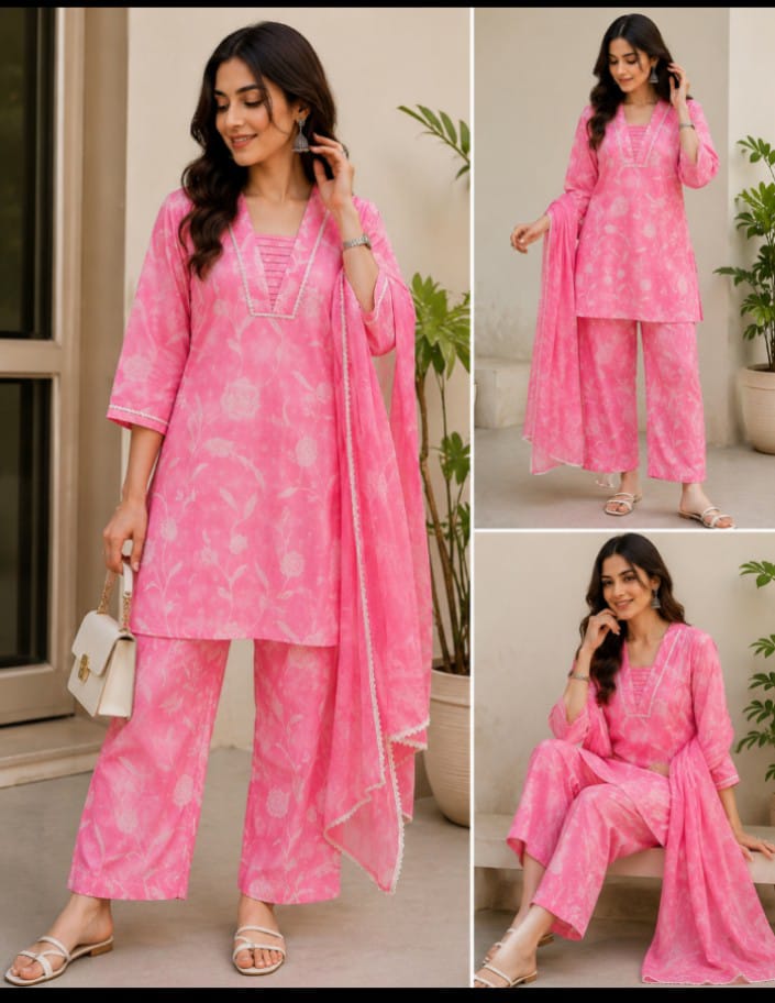 Cotton Cambric Hand Spray Print Kurta Palazzo Set - Bust Size: Medium (36-38 Inches: Standard Fit)
