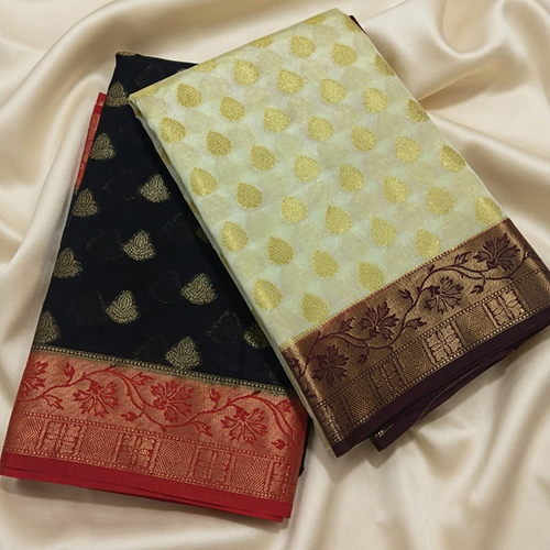 Premium Banarasi Dupien Silk Zari Buti Contrast Saree
