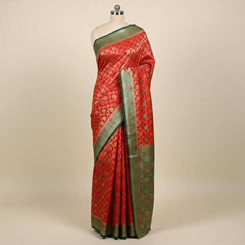 Premium Banarasi Dupien Silk Meenakari Jaal Buti Wedding Wear Saree