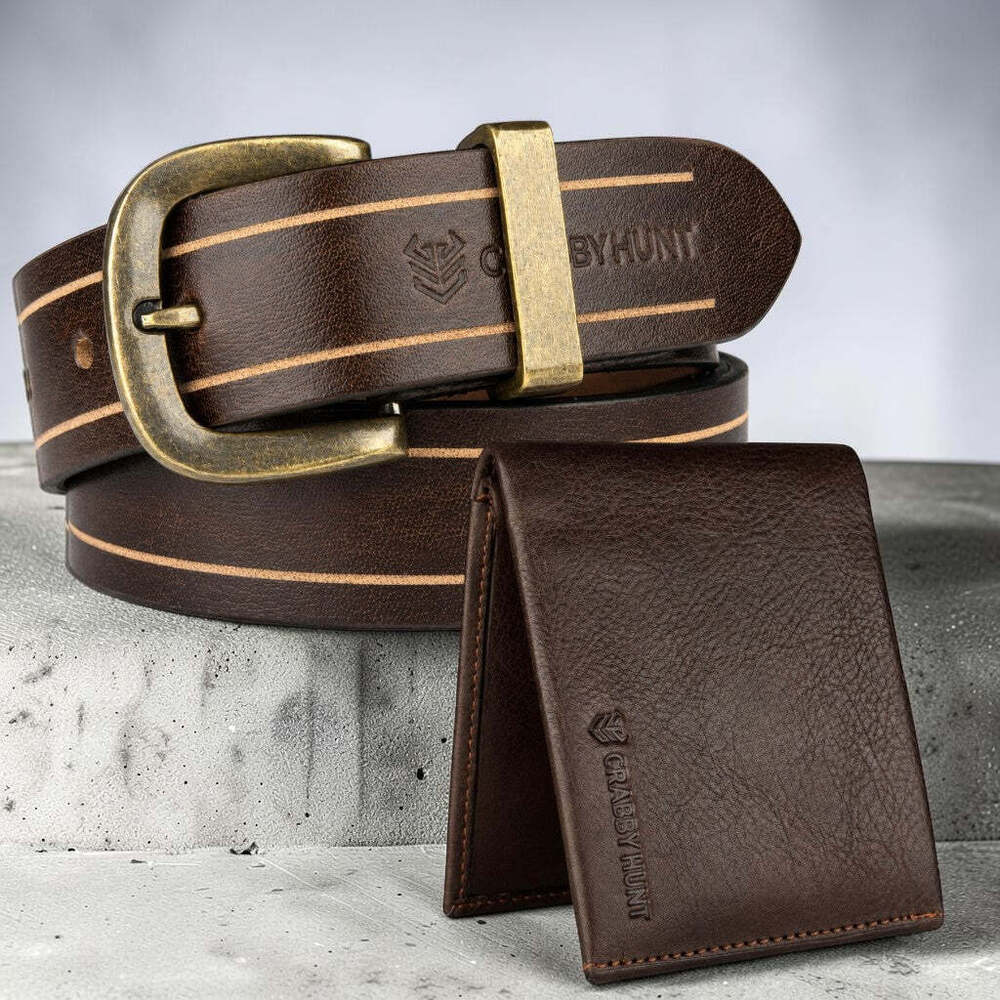 Crabby Hunt Apollo Genuine Leather Belt & Wallet Combo Set for Men - Genuine Leather, Brown, Adjustable Belt, Antique Metal Buckle | Bi-Fold Wallet, Multiple Compartments, Smooth Texture