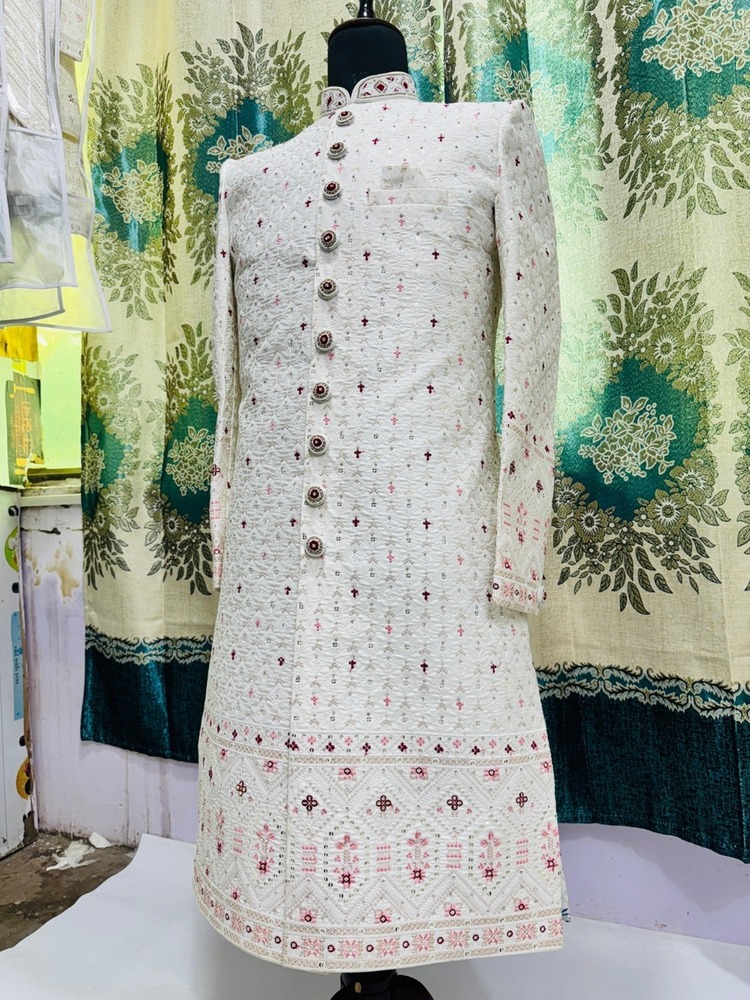 D. No. 108MP Fabric Malai Satin With Complete Zarkan Ston Work Sherwani