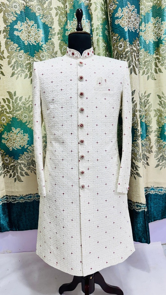 D. No. 112FP Fabric Malai Satin With Complete Zarkan Ston Work Sherwani