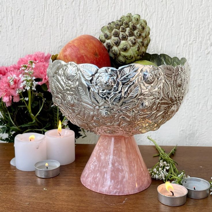 Brass Fruit Bowl - Medium 8-10 Inch Silver Plated Metal with Pink Marble Pedestal, Embossed Floral Design