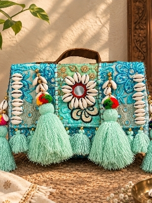 12x12 Banjara Shoulder Bag - Cotton Fabric, 12x12 Inches, Multicolor with Yellow Tassels, Hand-Embroidered Mirror Work, Flap Closure, Adjustable Strap