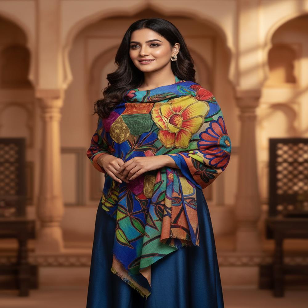 Pure wool Digital print  embroidered shawl