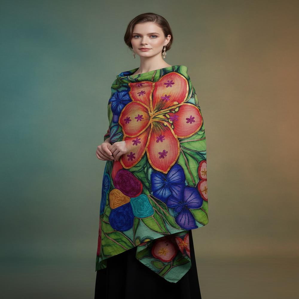 Pure wool Digital print  embroidered shawl
