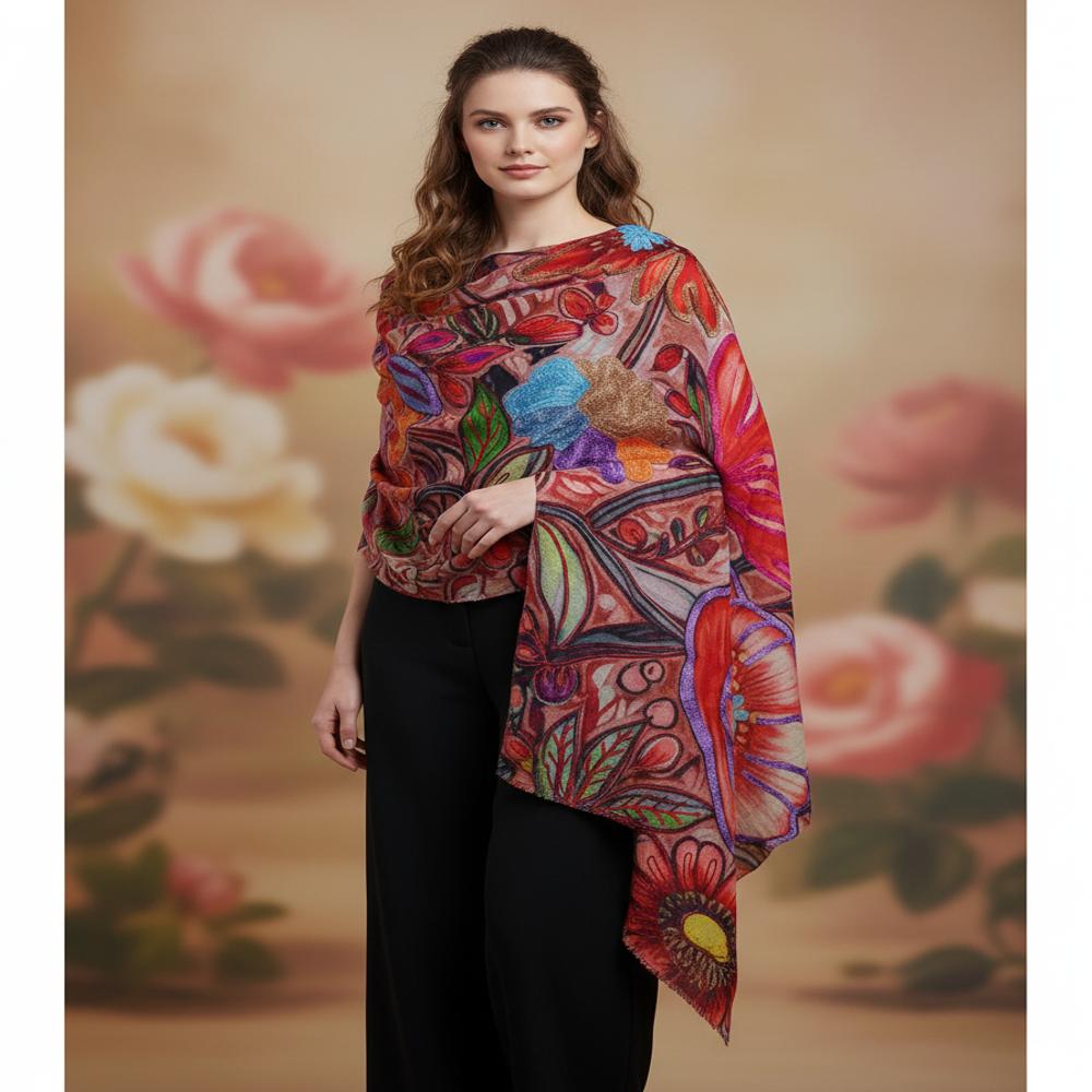 Pure wool Digital print  embroidered shawl