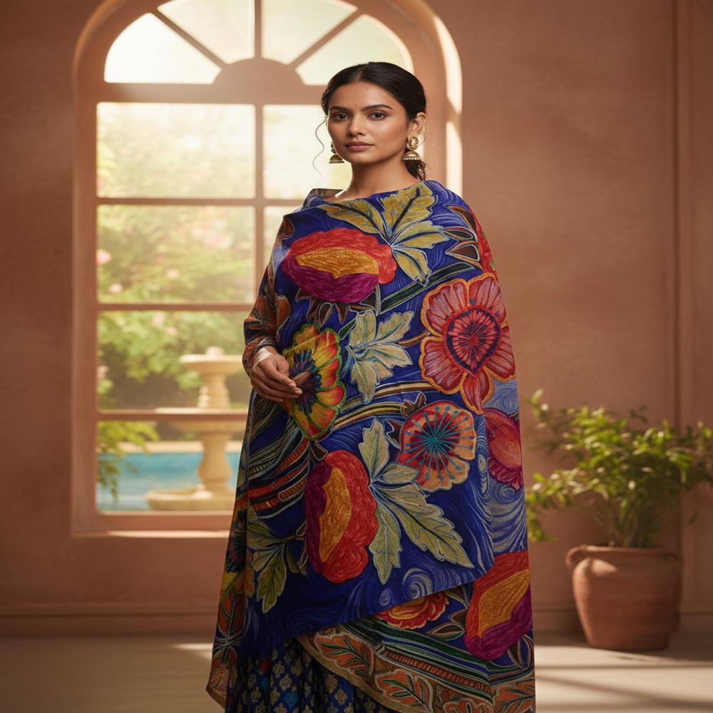 Pure wool Digital print  embroidered shawl
