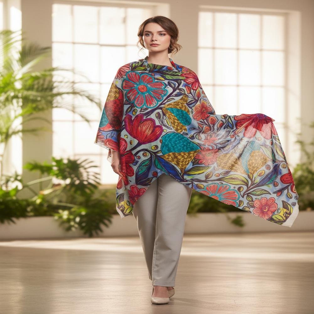 Pure wool Digital print  embroidered shawl