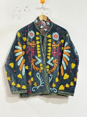 Suzani Hand Embroidery Vintage Style Vest Jacket - Cotton Blend, Custom Sizes, Multicolor | Handmade, Floral and Folk Motifs, Unisex, Eco-Friendly