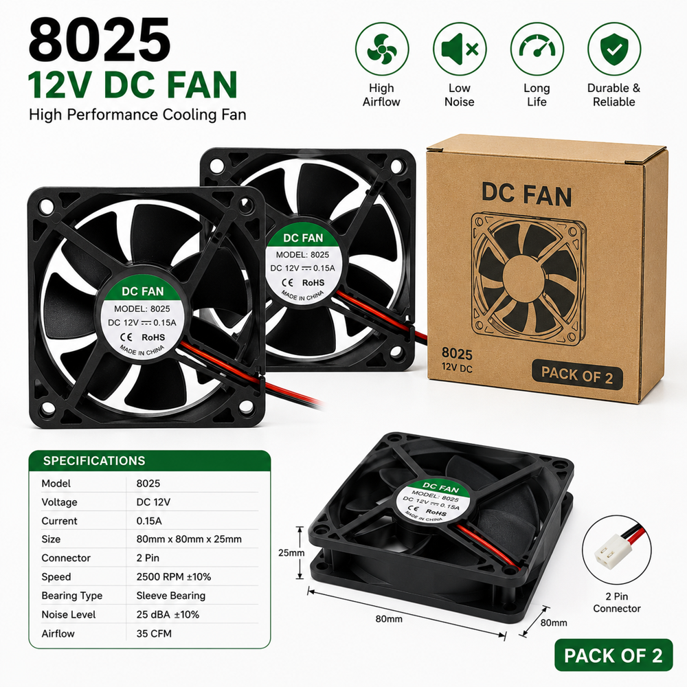 8025 12V DC Brushless Cooling Fan 80x80x25mm High Airflow Fan