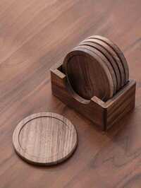 Round Wooden Coaster Stand Set - Solid Wood 3.5-4 Inch, Natural Brown, Polished Matte Finish, Non-slip Base