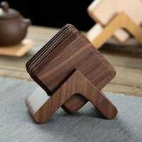 Square Wooden Coaster Stand Set - Solid Wood, 9x9 Cm Coasters, Dark Brown, Minimalist Modern Design