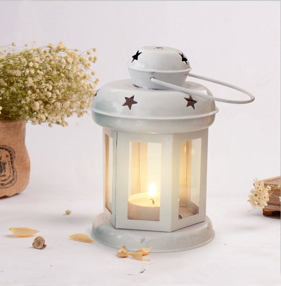 Tea Light Holder - Powder-Coated Metal, Medium 6-8 Inch, White, Star Cut-Out Design, Clear Glass Panels, Top Air Vents