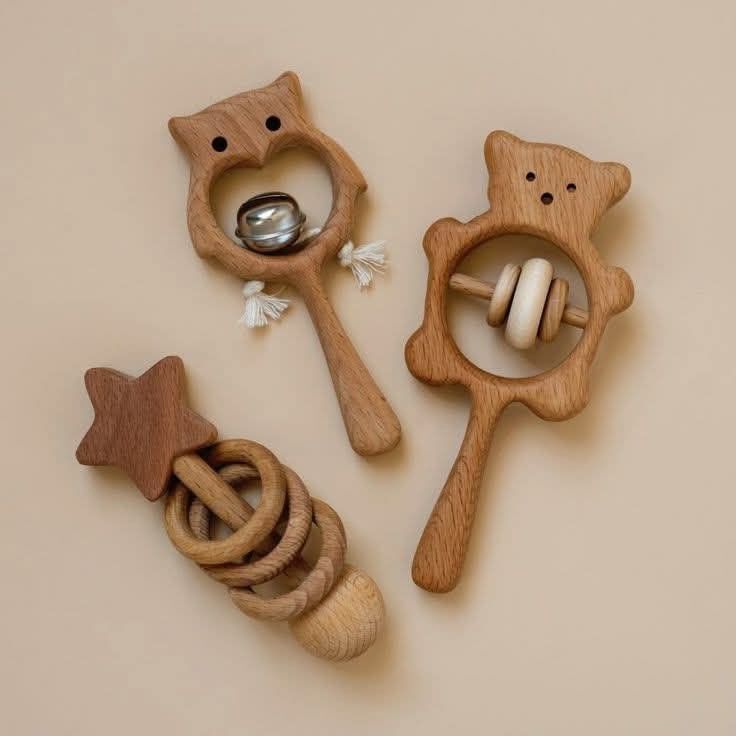 Handcrafted Wooden Baby Rattle Set