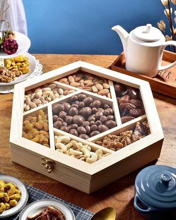 Hexagon Wooden Dry Fruit And Snack Organizer