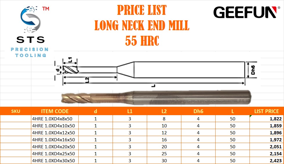 Carbide Long Neck End Mill Dia 1 - Hardness: 55