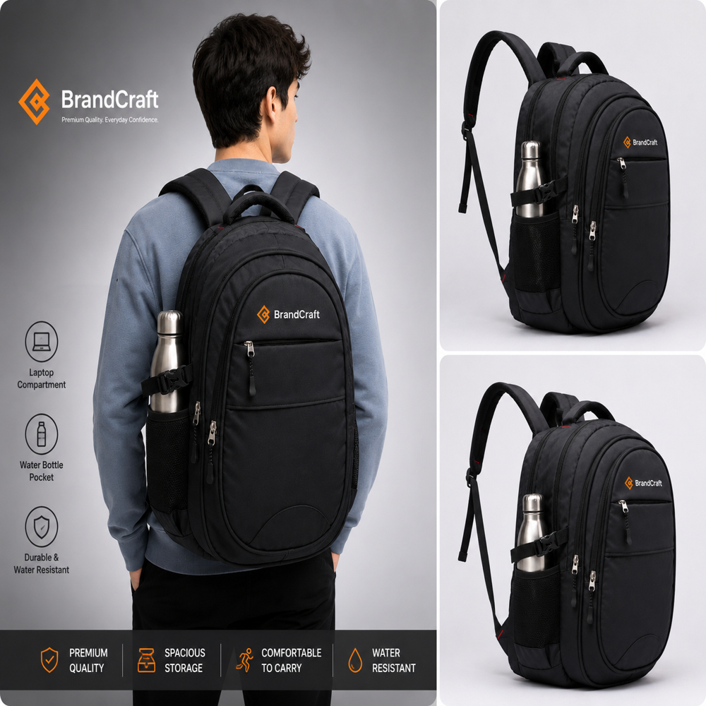 BrandCraft Premium Black Laptop Backpack | Water Resistant Office, College & Travel Backpack | 15.6 Inch Laptop Bag with Multiple Compartments