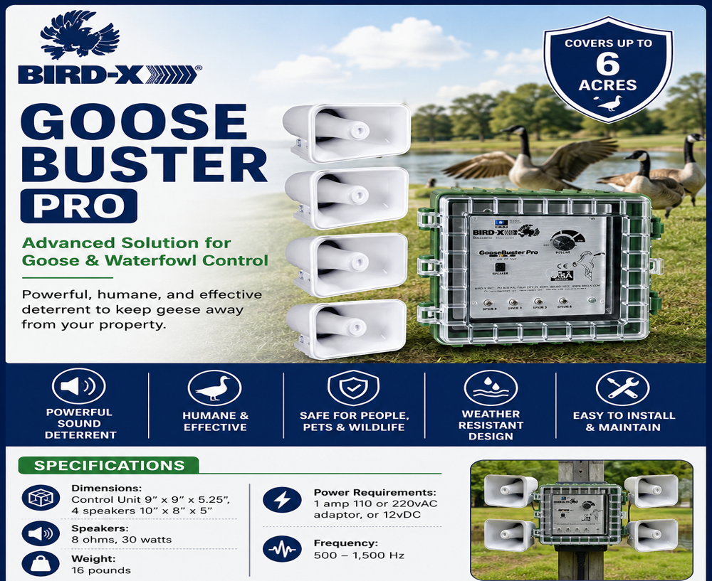 BIRD-X Goose Buster PRO Sonic Bird Repellent System - ABS Plastic, 6x6x3.5 Control Unit, White | Programmable, Weather-Resistant, 4-Speaker Outdoor Use