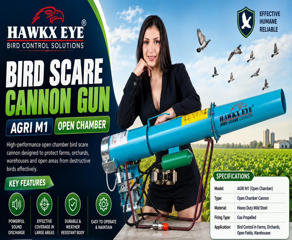 HAWKX EYE BIRD SCARE CANNON GUN AGRI-M1 - Metal Frame, Blue Plastic Barrel, Adjustable 30s-10min Blast Interval, 130dB Sound