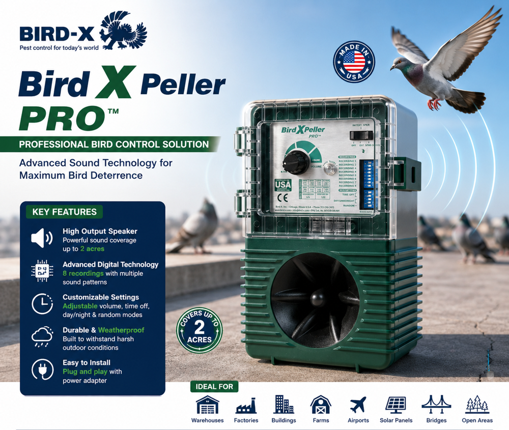 BIRD-X PELLER PRO SONIC BIRD REPELLENT - High-Impact Plastic and Metal, 25x12x17 cm | Programmable Frequencies, Weatherproof, Maintenance-Free