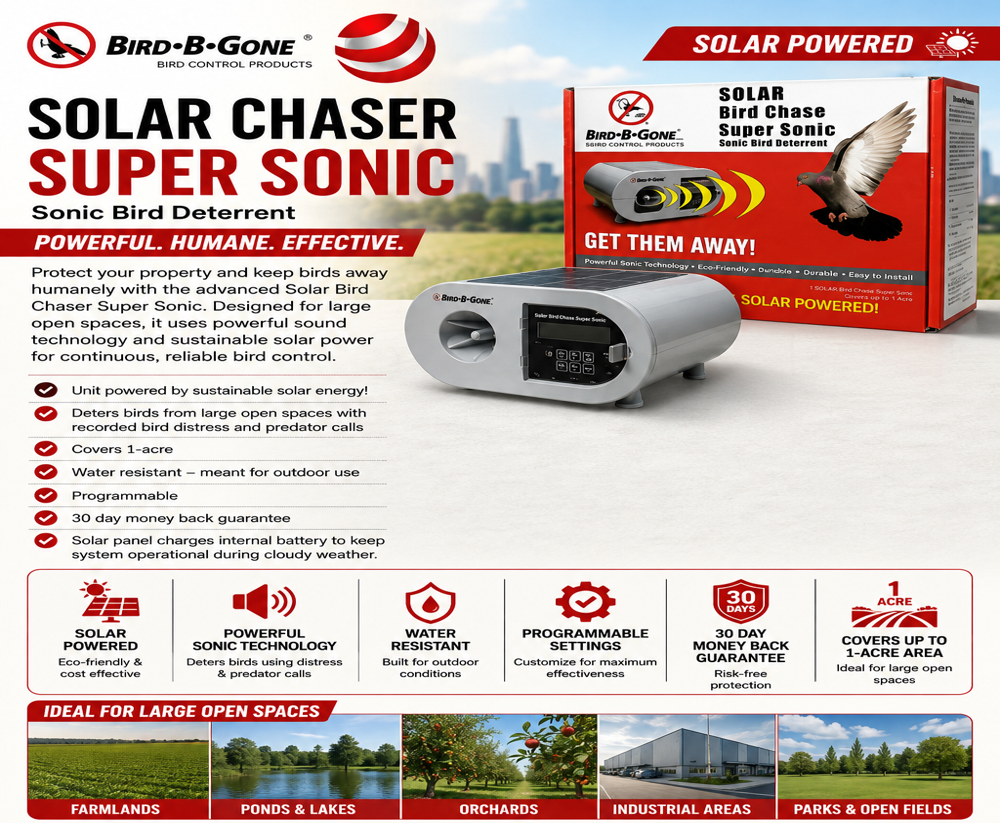 BIRD B-GONE SUPER CHASER - Weatherproof Plastic, Silver, Model IB50 | Digital Control, Wall Mount, 1 Acre Coverage