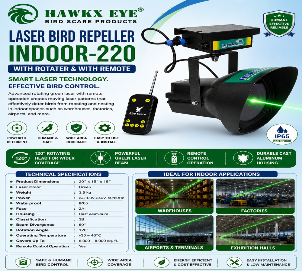 HAWKX EYE LASER BIRD REPELLENT (HX-45P-5) - Plastic, 20x15x15 cm, Black | Remote Controlled, Visible Laser, Wall/Ceiling Mount