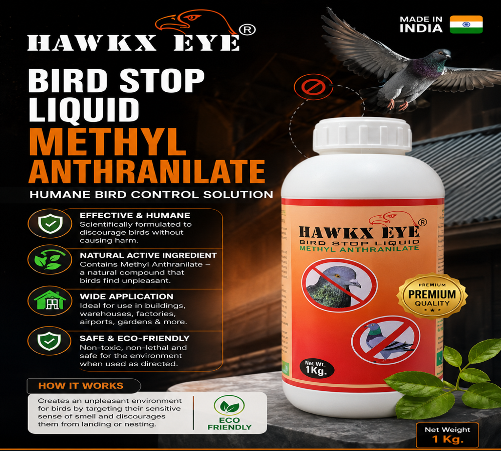 HAWKX EYE Methyl Anthranilate Bird Stop Liquid - 1kg Transparent Plastic Bottle, Odourless, Eco Friendly, Spray or Spread