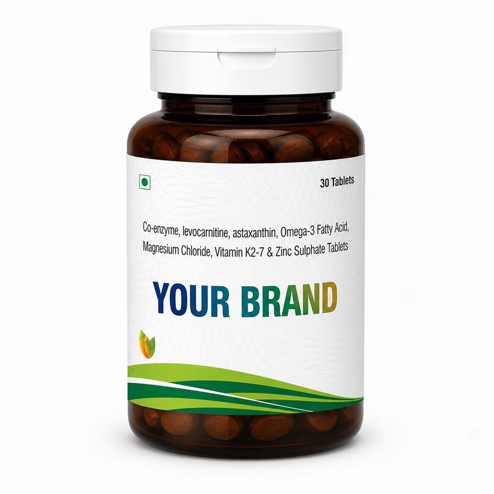 Co-enzyme ,levocarnitine, asthaxanthin, omega 3 fatty acid,magnesium chloride vitamin k27& zink sulphate tablet