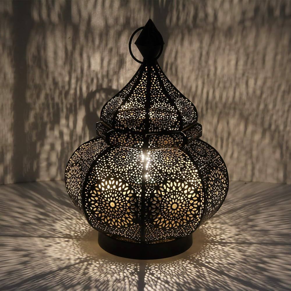 Table Lamp - Metal, 12-16 Inch, Matte Black, Ornate Perforated Design | Moroccan Style, Shadow Pattern Projector, E27/B22 Bulb Compatible