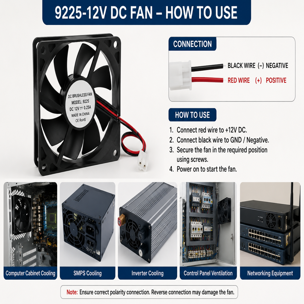 9225-12V DC Brushless Cooling Fan | 92x92x25mm Axial Fan for SMPS, PC & Electronics Cooling